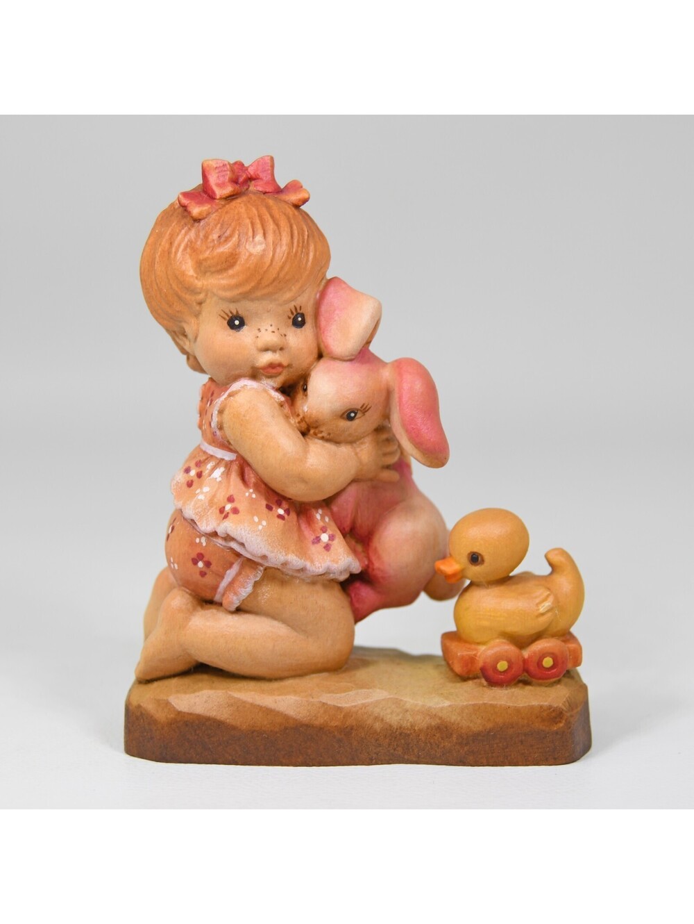 Anri Sarah Kay Valentine All Mine Girl Pink Bunny Duck 3" Carved Wood Sculpture